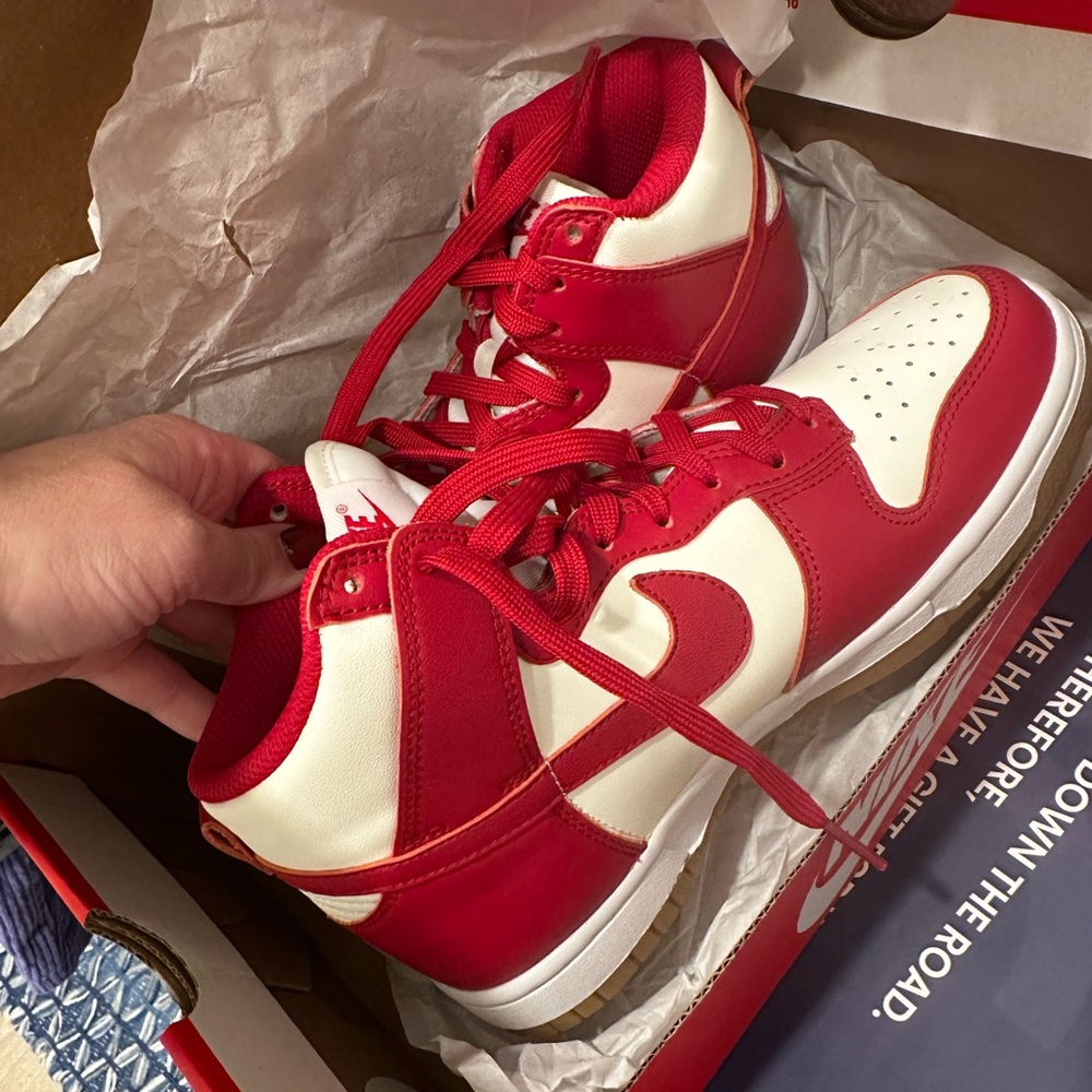 Brand New, Never Worn Women’s Nike Red & White High Dunks, Size 6.5/36.5